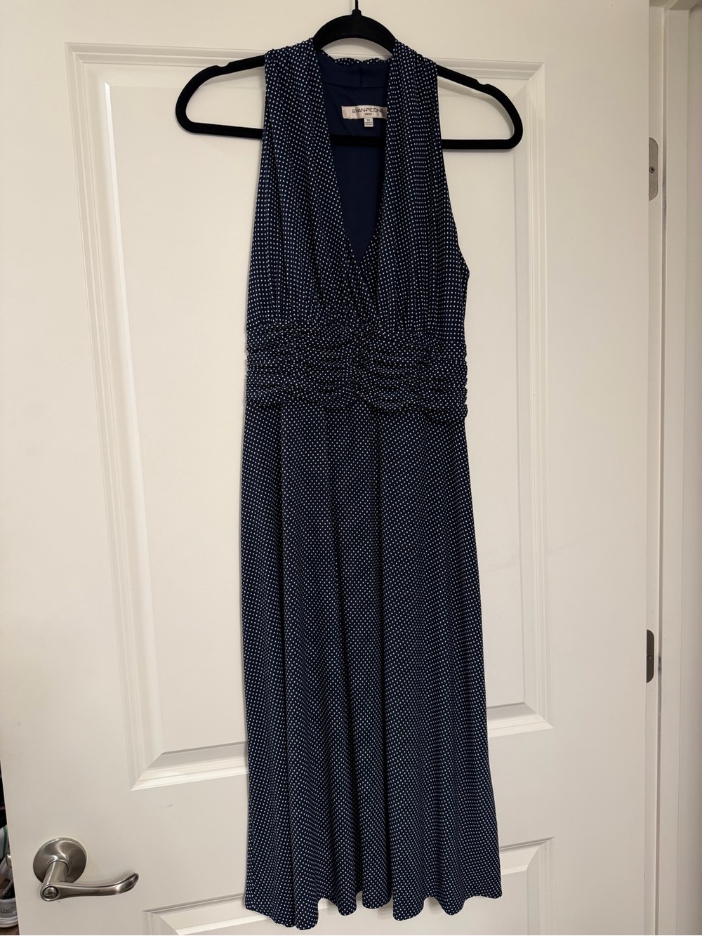 Evan Picone Navy with White Dot Midi Halter Dress